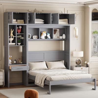 Full Size and Queen Size Wall Murphy Bed with Desk, Top Cabinet and Storage Shelves, Space Saving Foldable Bed
