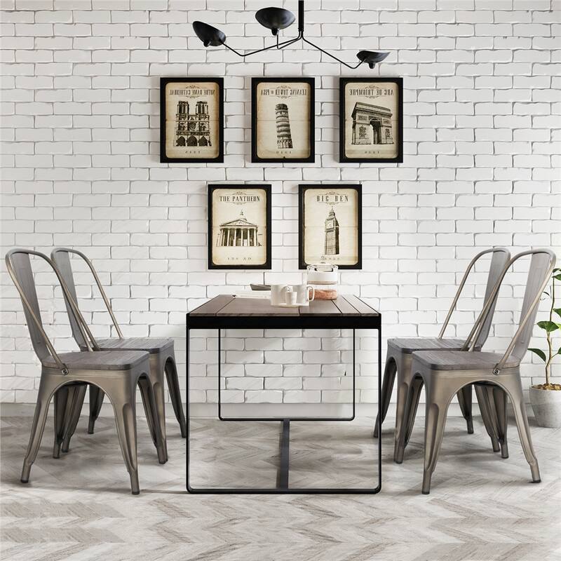 Yaheetech Set of 4 Metal Dining Chair with Wooden Stackable Chairs - Mental