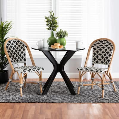 Ambre Modern French Black and White Weaving Natural Rattan 2-Piece Bistro Chair Set
