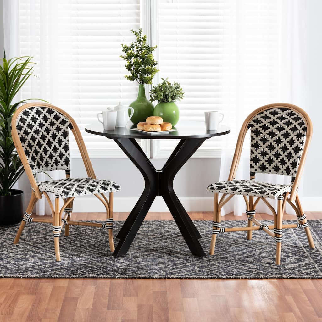 Ambre Modern French Black and White Weaving Natural Rattan 2-Piece Bistro Chair Set
