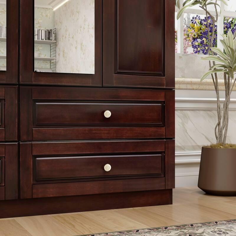 100% Solid Wood Walnut Armoire Wardrobe Closet with Drawers and Hanging Rod, Farmhouse Style 4-Door Wardrobe Closet with Mirrors