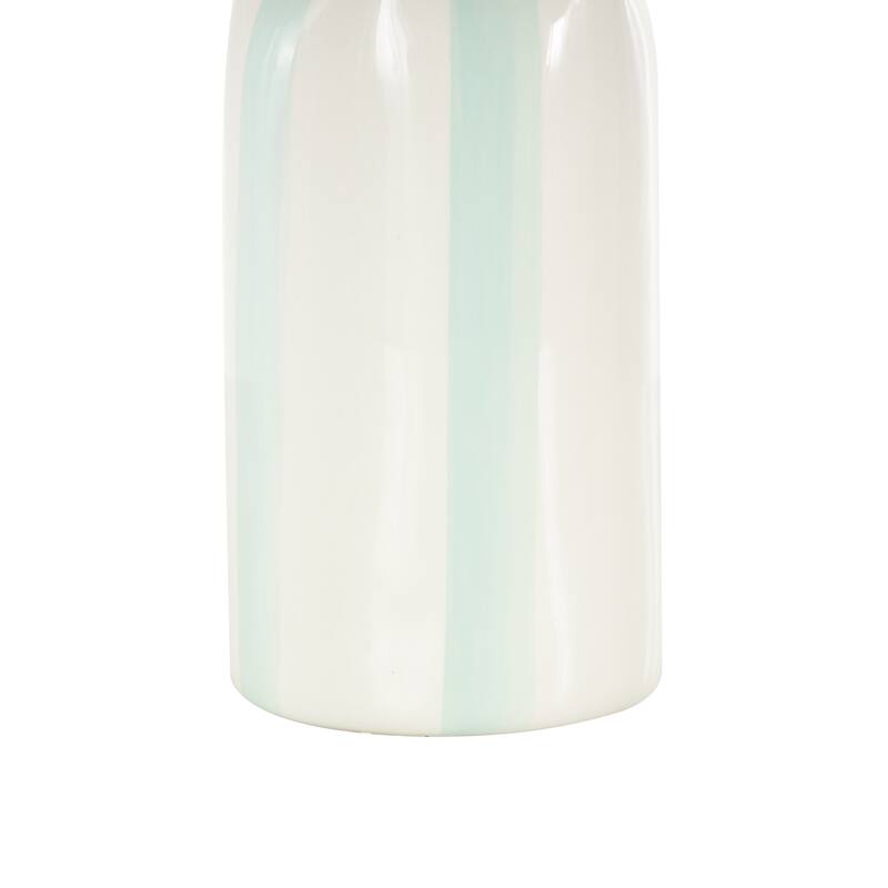 White Ceramic Round Decorative Vase with Light Teal or Red Vertical Stripes