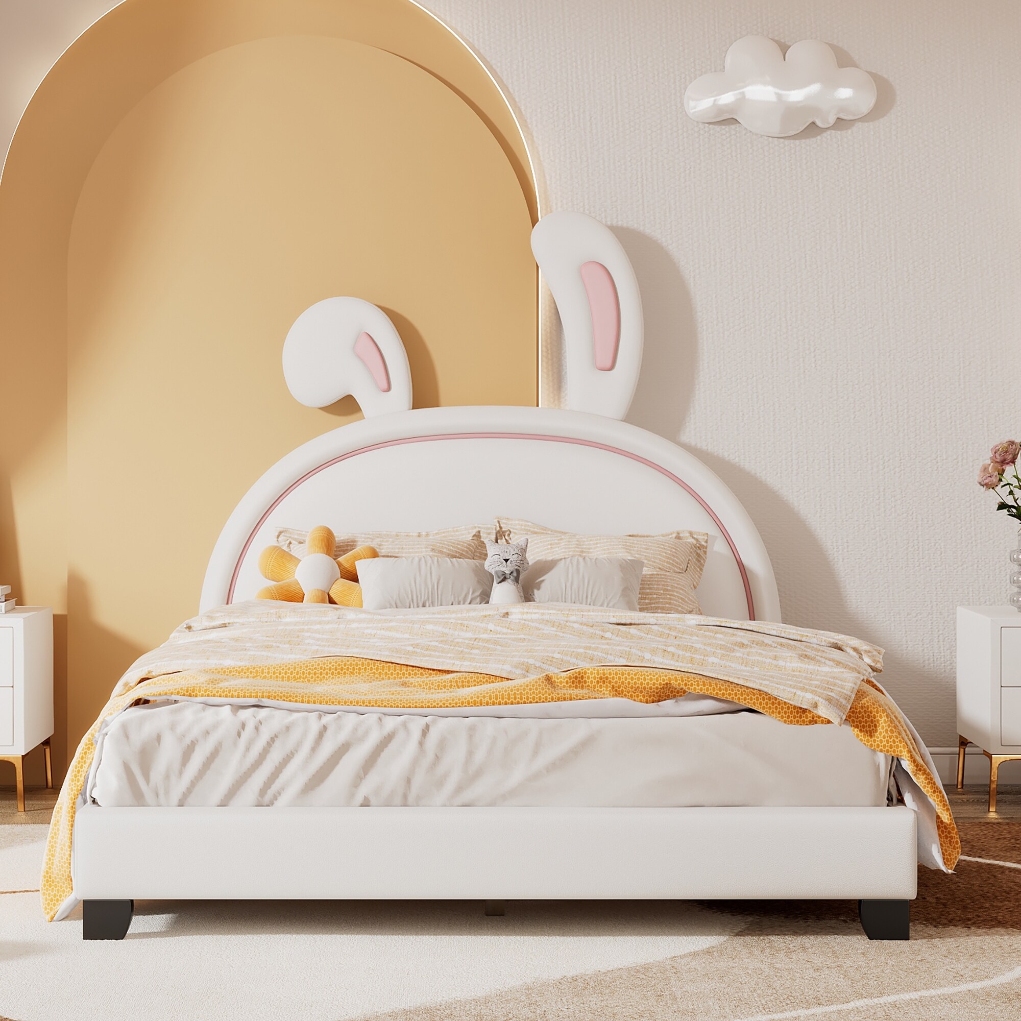 Twin Full Upholstered Leather Platform Bed with Bunny Ear Headboard Wood Bed Frame with Rabbit Ornament for Kids Child s Bedroom Grey