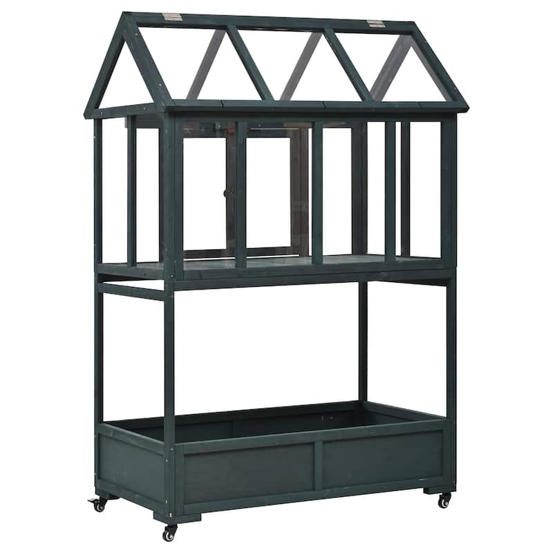 Roomfitters Portable Wooden Cold Frame Greenhouse with Wheels, Openable Roof and Storage Box for Garden Plants