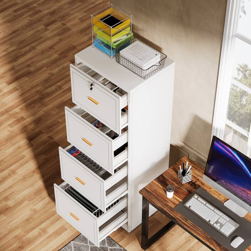 4-Drawer File Cabinet with Lock and Key, Vertical Wooden Filling Cabinet for A4/Letter/Legal Size Files