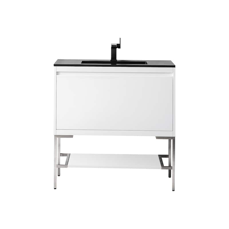 James Martin Vanities Mantova 35.4" Single Vanity Cabinet, Glossy White - Brushed Nickel Base, Charcoal Black Top