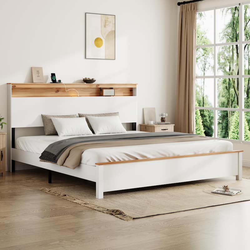 Classic White Low Profile Bed Rustic Farmhouse Platform Bed Frame with Storage Headboard Built-in Charging Station, Touch Light - Antique White - King
