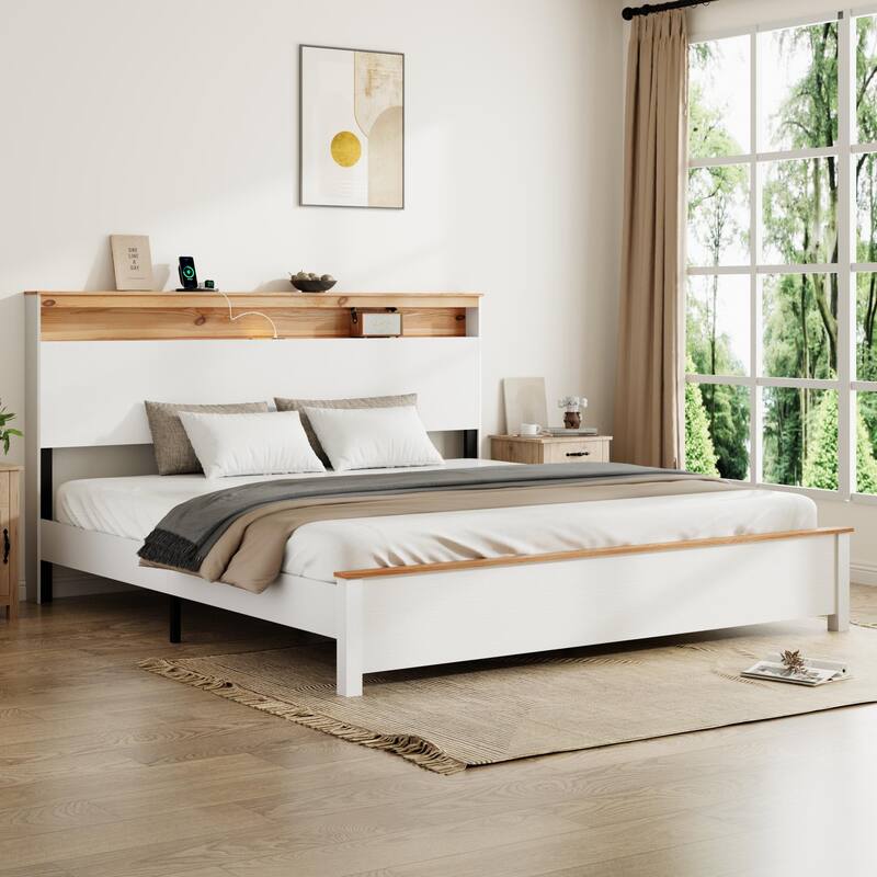 Rustic Farmhouse Bed Frame with Storage Headboard, LED Lights, and Charging Station