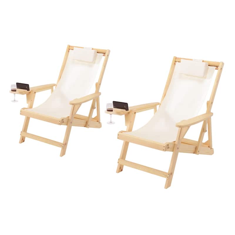 Romantic Collection Canvas Sling Chair with Cup and Wine Holder (Set of 2) - Natural Frame Beige Cushion