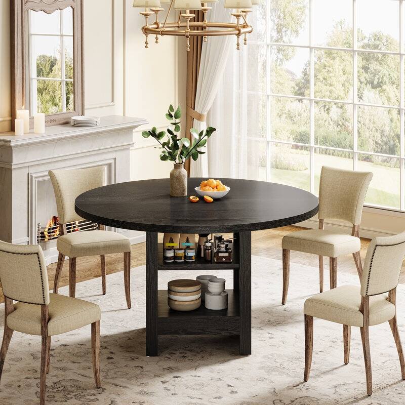47'' Black Round Dining Table Kitchen Table with 2 Tier Storage Shelf