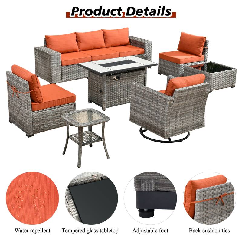 HOOOWOOO 9-piece Wicker Outdoor Modular Wide Armrest Sectional Set Fire Pit Set