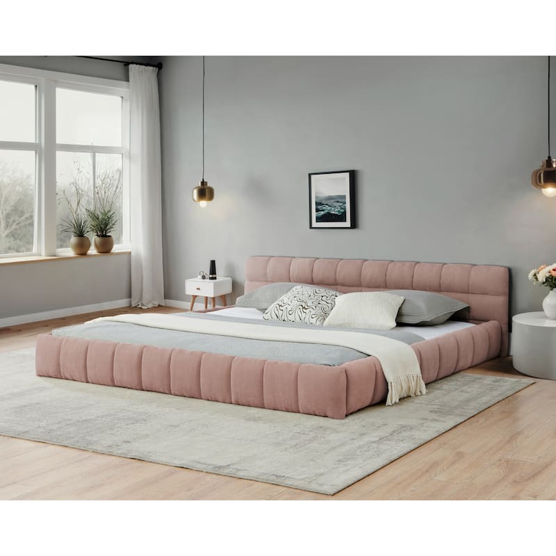 California King Upholstered Platform Bed with Headboard, Pink Chenille Fabric, No Box Spring Needed - Pink