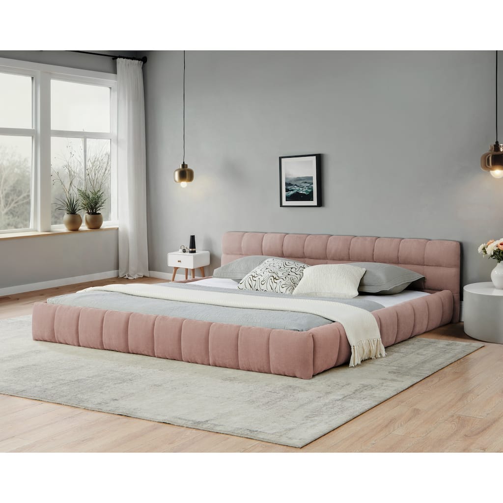 California King Upholstered Platform Bed with Headboard, Pink Chenille Fabric, No Box Spring Needed