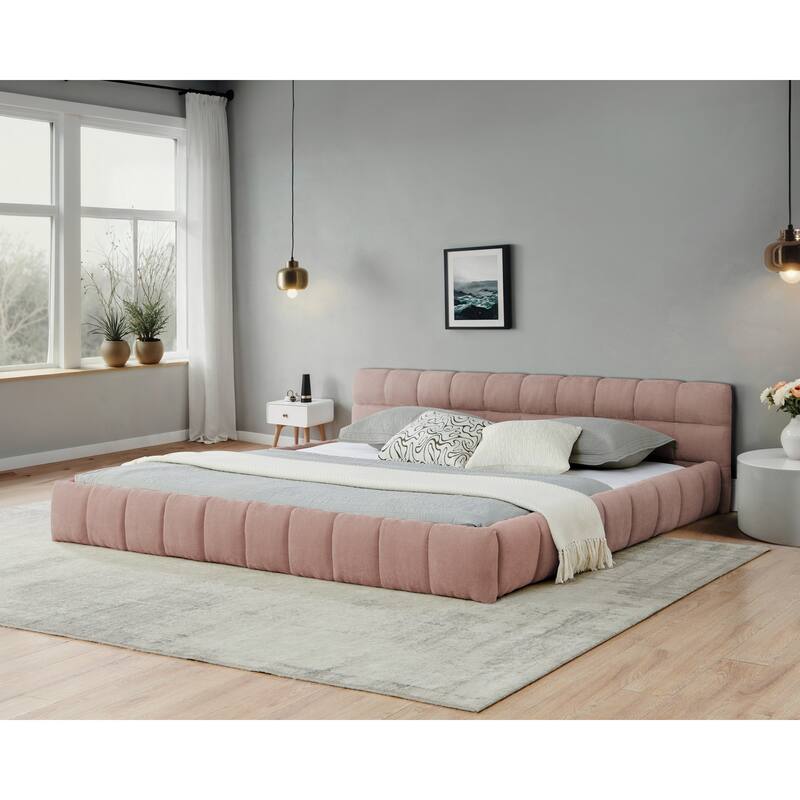Roomfitters California King Upholstered Low Platform Bed, Chenille Fabric Frame with Headboard, No Box Spring Needed - Pink - King