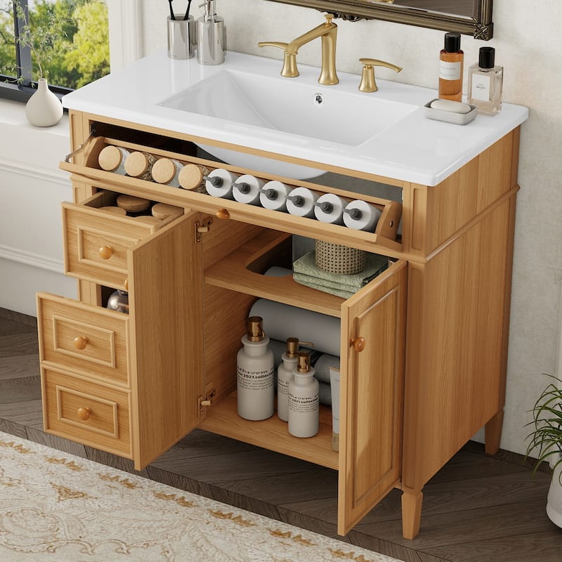 36" Bathroom Vanity with Sink, Solid Wood Frame Bathroom Storage Cabinet, Natural Wood - 36 Inch
