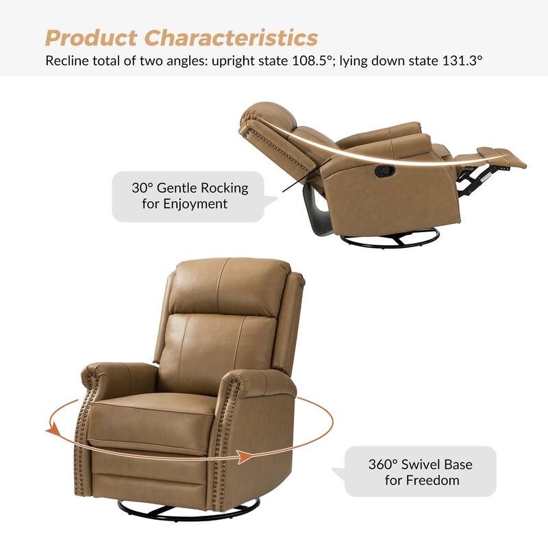Alina Modern 20''w Genuine Leather Swivel Rocker Nursery Manual Recliner Chair with Rolled Arms by HULALA HOME