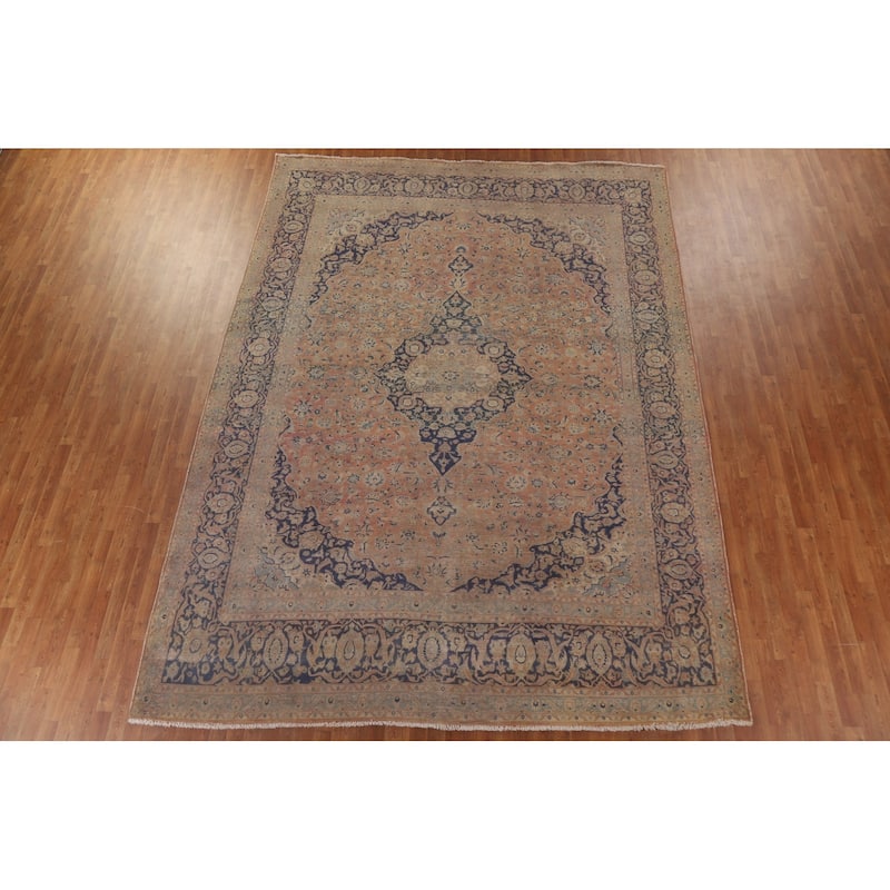 Distressed Kashan Persian Antique Area Rug Handmade Wool Carpet - 9'9" x 13'3"