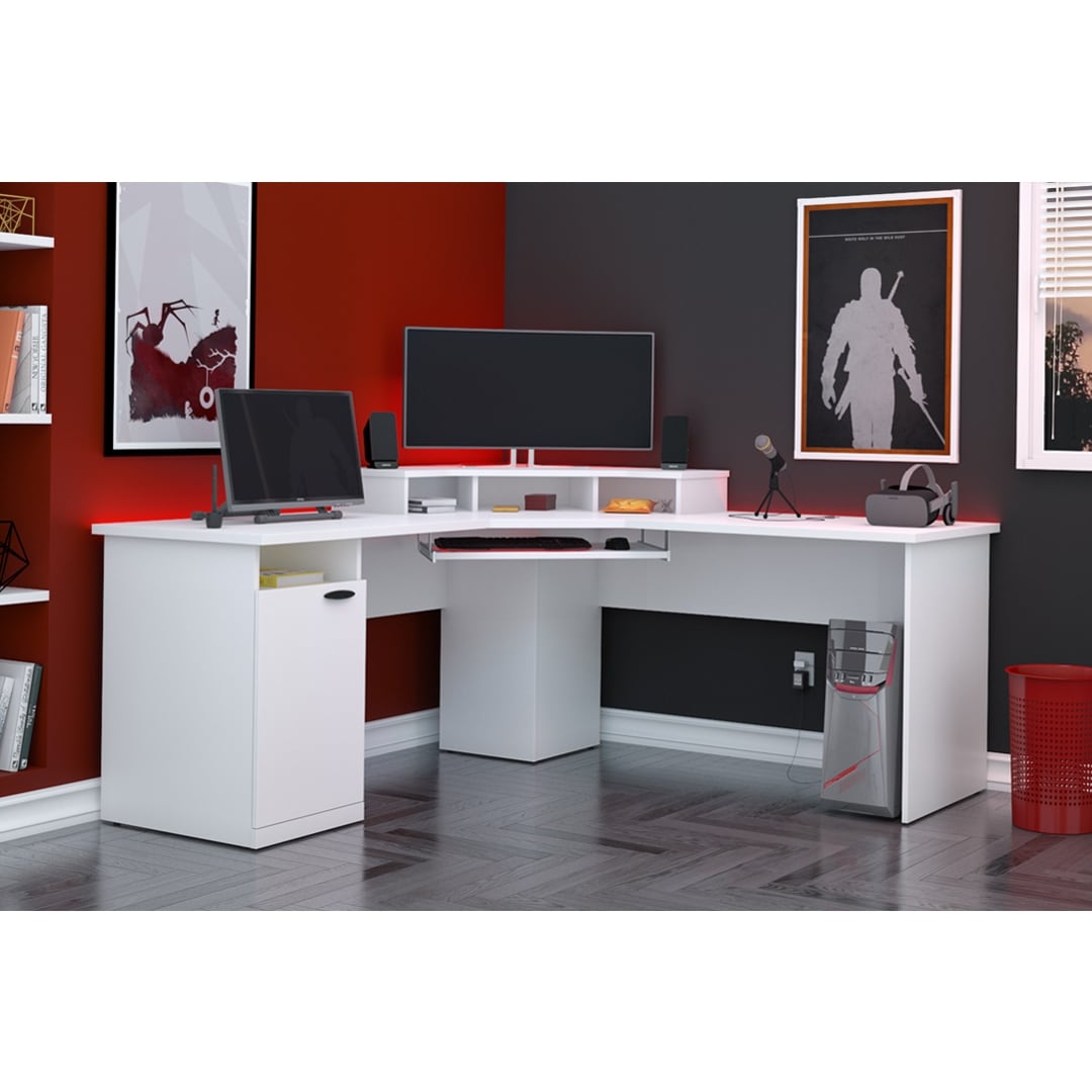 Bestar Hampton L shaped Tiered Laminate Corner Computer Desk