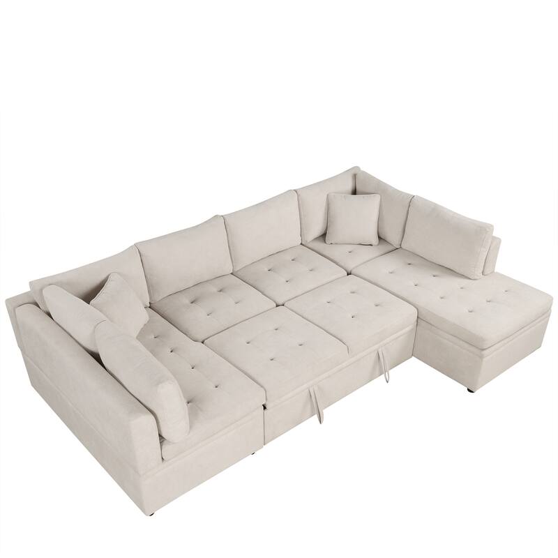 117" U-Shaped Oversized 6-Seat Sectional Sofa with Chaise, Pull-Out Bed, and 2 Detachable Throw Cushions
