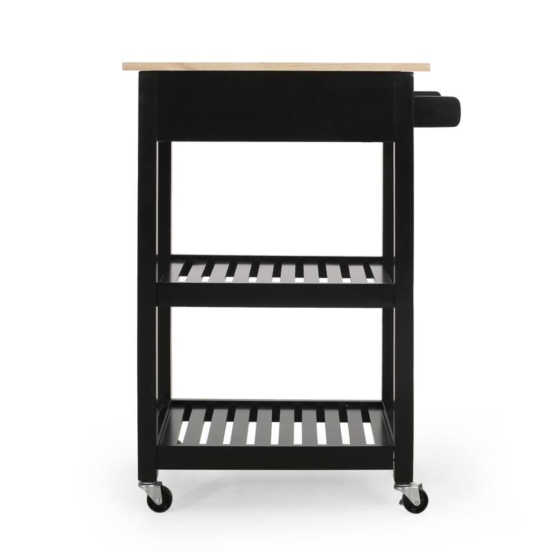 Compact Kitchen Cart with Rubberwood Top, 1 Drawer, 2 Shelves & Towel Holder - Rolling Casters, Modern Style