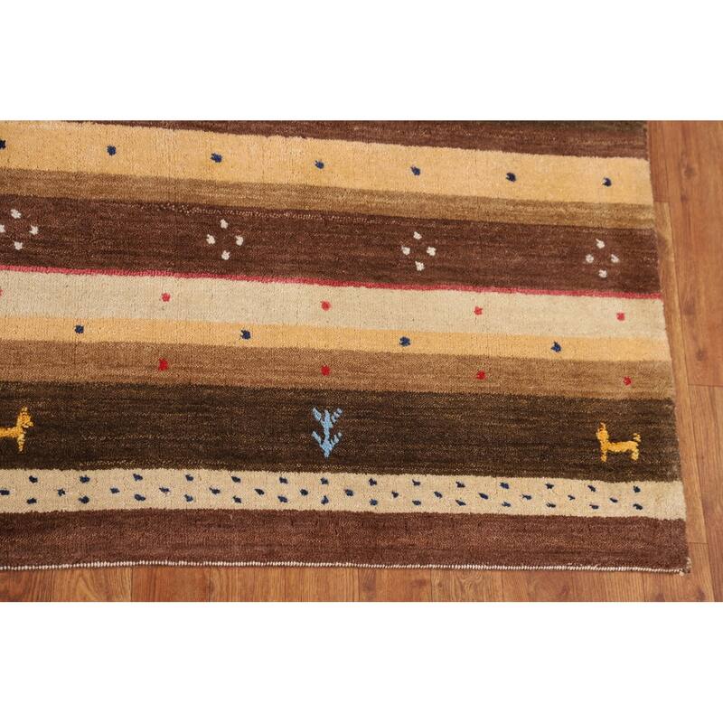 Striped Gabbeh Oriental Area Rug Hand-Knotted Brown Wool Carpet - 6'9" x 9'11"
