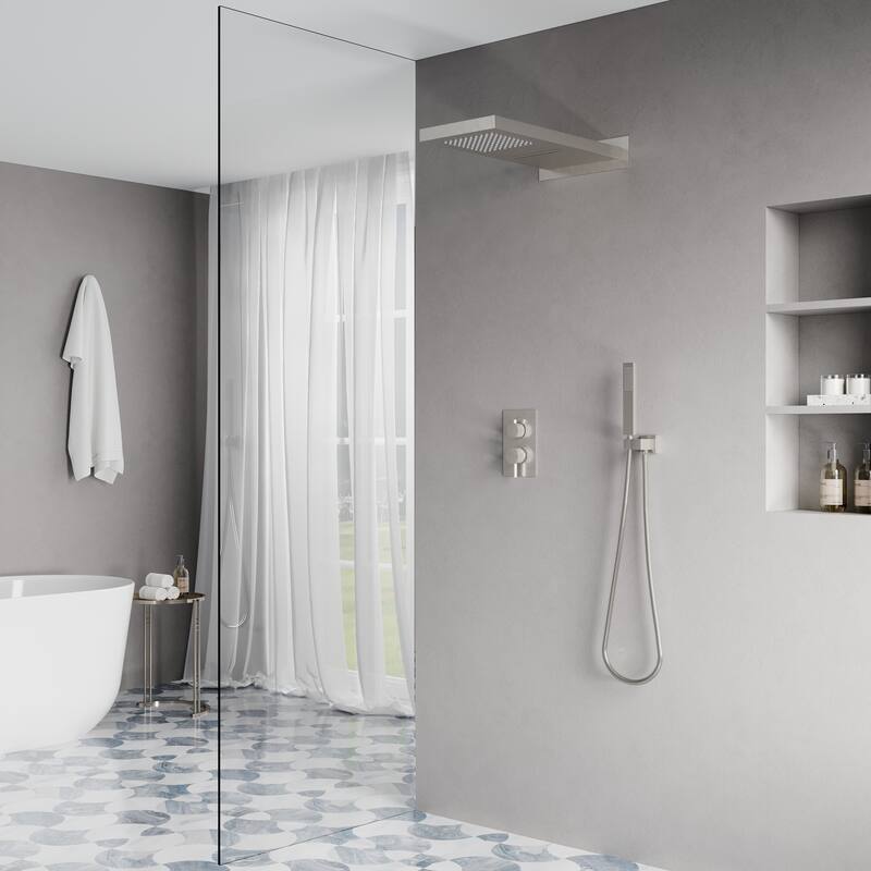 3-Function 22 in. Rectangle Wall Mount Rainfall Shower System With Hand shower(Valve Included) - Brushed Nickel