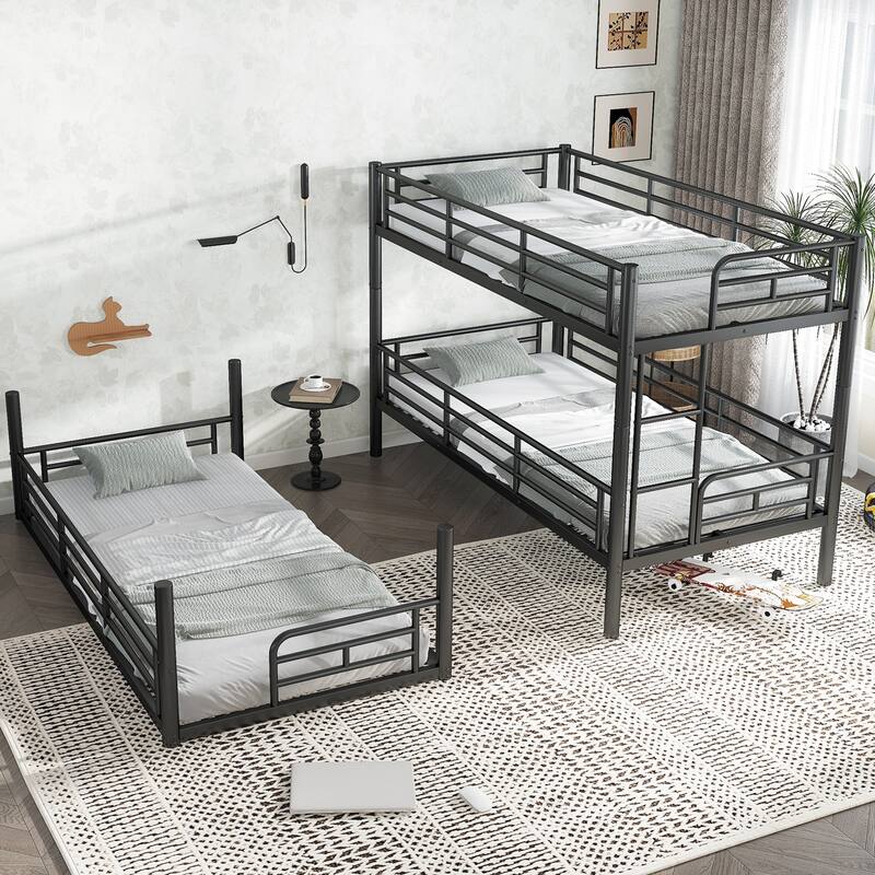 Twin over Twin over Twin Bunk Bed, Metal Triple Bunk Bed with Safety Guardrails, Heavy-duty Bunk Bed with Noise-reduced Design