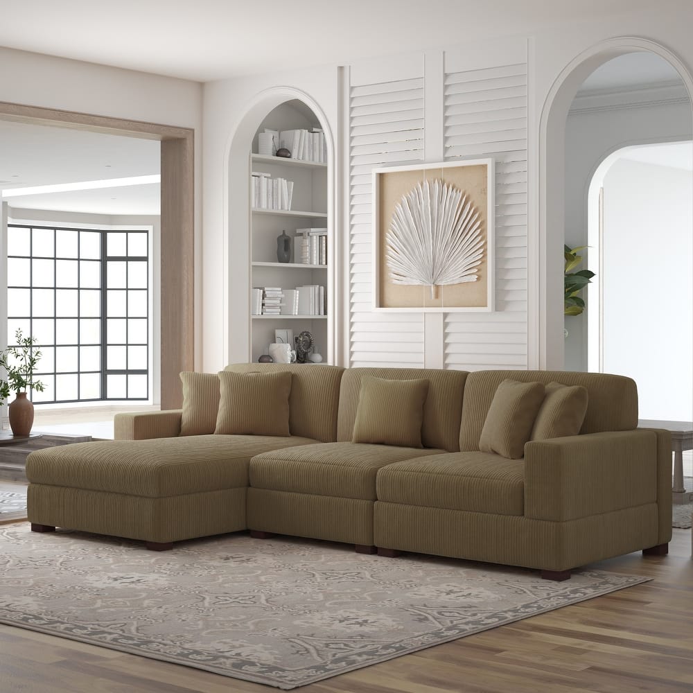 118" W Corduroy L-shape Modular Sectional Sofa with Pillows