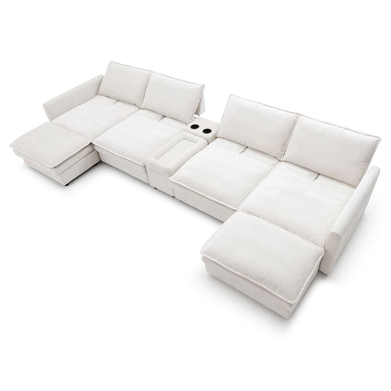 U-shaped Deep Seat Sectional Sofa Chenille Modular Reclining Couch with Storage Console Table, Ottomans and Adjustable Backrest