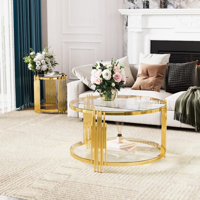 19.8" Modern Transparent Glass End Table for Living Room, Round, Asymmetrical Metal, Gold Finish & Lower Shelf