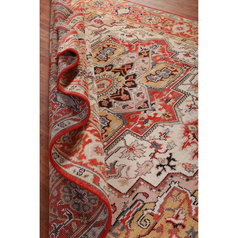 Hand Knotted Oriental 100% Wool Carpet Traditional Medallion Beige & Ivories Heriz (serapi) Area Rug - 9' 10'' X 7' 11''
