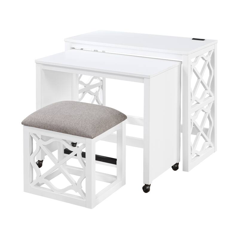 Desks and Stool Set 3pc White Finish Rolling Desk with Casters, 2 Charging ports Home Office Furniture
