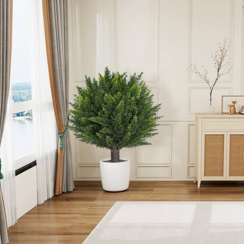 Set of 2 24" H UV Resistant Artificial Cedar Topiary Ball Trees for Home Decor - 24.4 inch