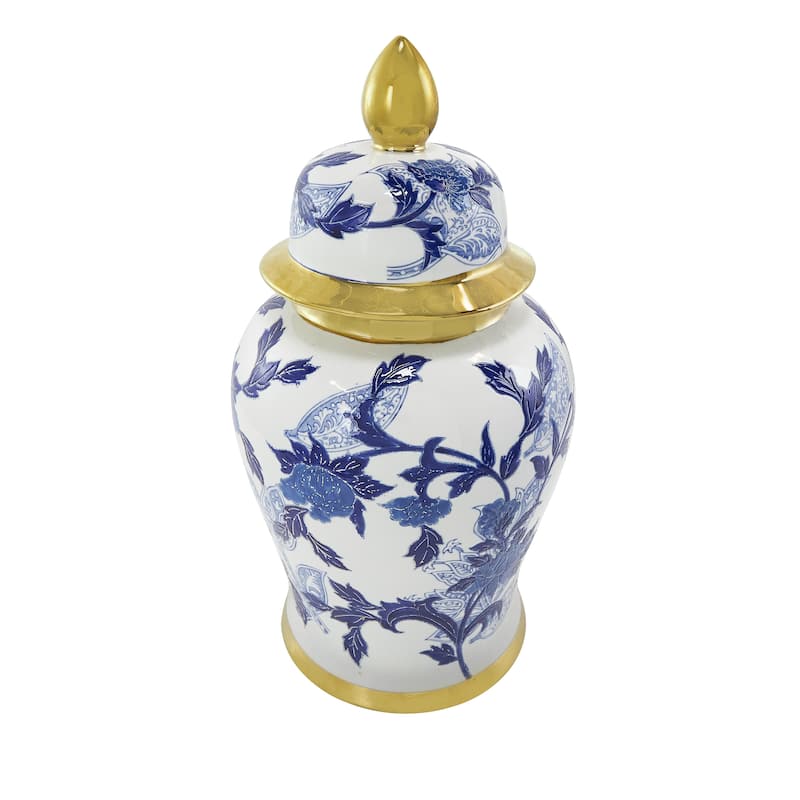 Ceramic Floral Living Room Decorative Jars with Cream and Gold Accents - Blue - Roche River Decor