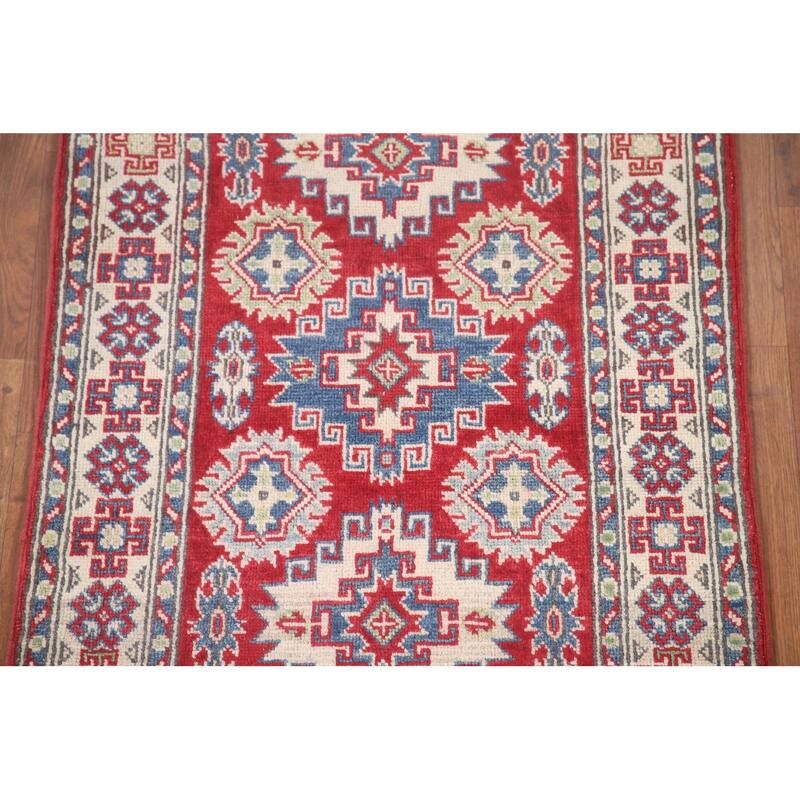 Hand Knotted Oriental 100% Wool Carpet Traditional Geometric Red Kazak Runner Rug - 7' 7'' X 2' 9''