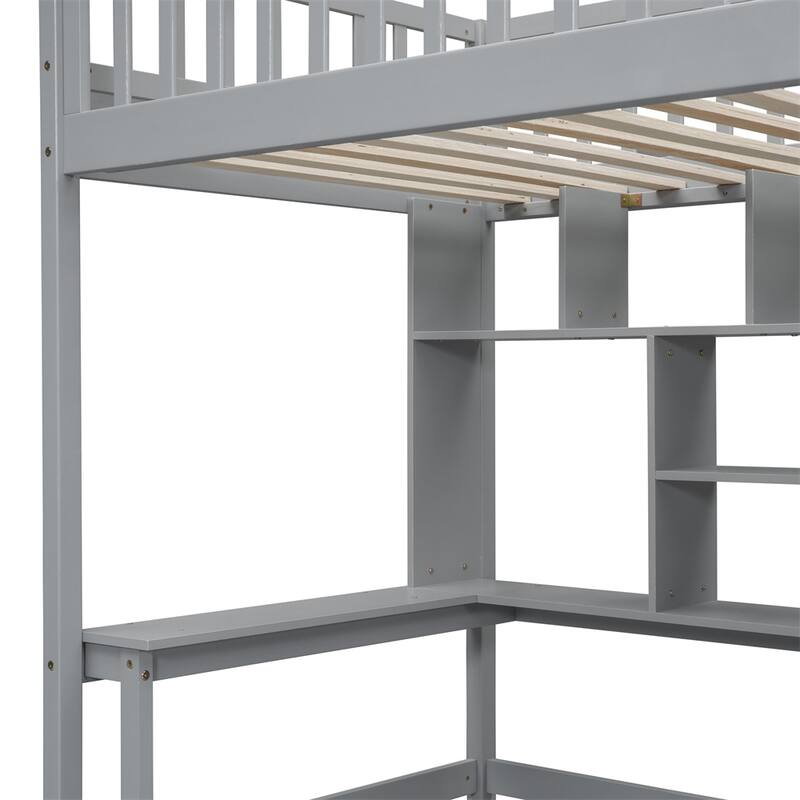 Twin size Loft Bed with Bookshelf,Drawers,Desk,and Wardrobe