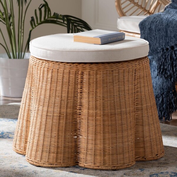 Palm Scallop Natural Rattan Ottoman with Cushion - Handwoven