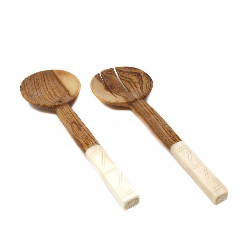 Handmade Olive Wood Serving Utensils with Natural Batik Bone Handles (Kenya)