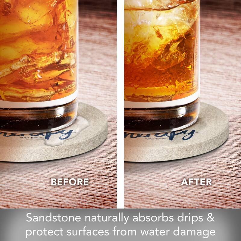 Saltwater Therapy 4 Pack Round Natural Sandstone Coasters with Protective Cork Backing Manufactured in The USA