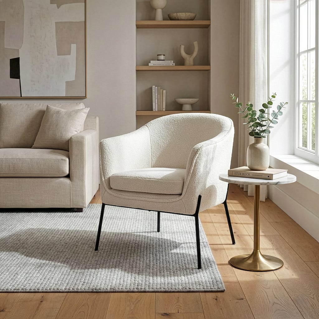 Ayame Beige Boucle Accent Chair with Black Iron Legs