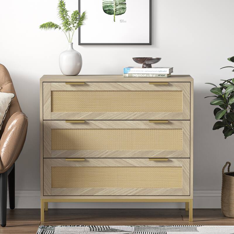 Anmytek Modern 3-Drawer Wood Rattan Dresser Chest of Drawers Storage Cabinet for Bedroom Living Room