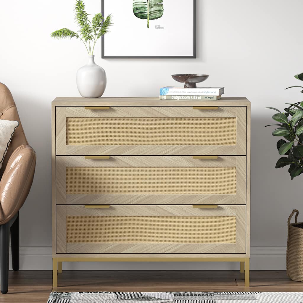 Anmytek Modern 3-Drawer Wood Rattan Dresser Chest of Drawers Storage Cabinet for Bedroom Living Room