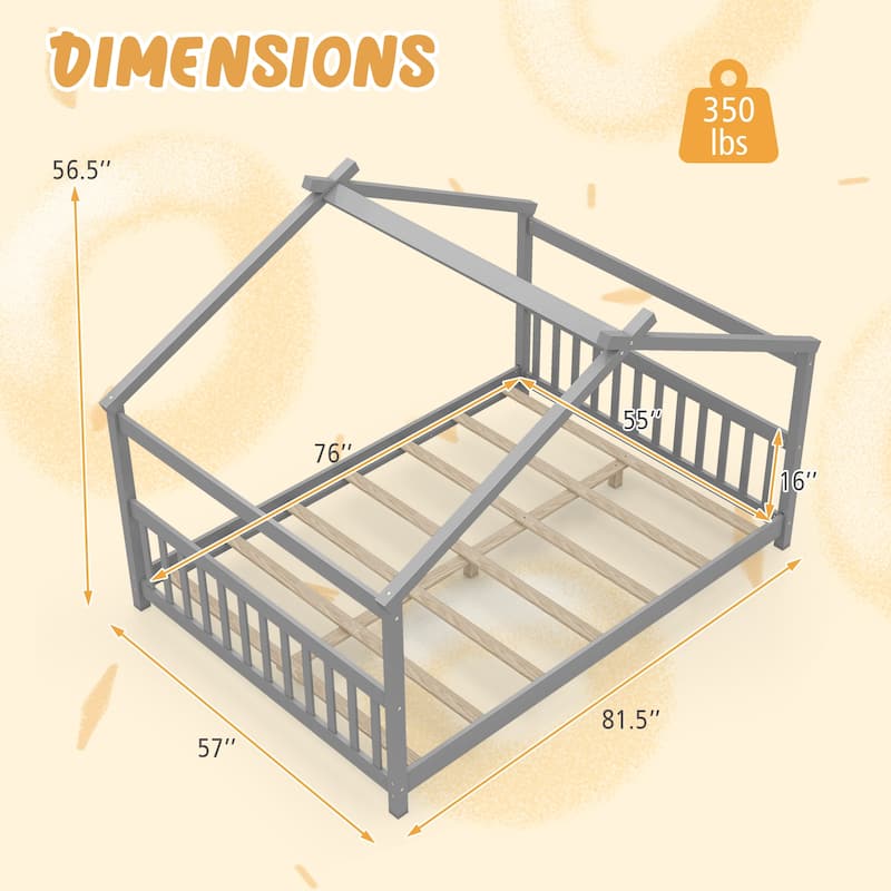 Full Size Kids Wooden House Design Platform Bed Montessori with Headboard and Footboard