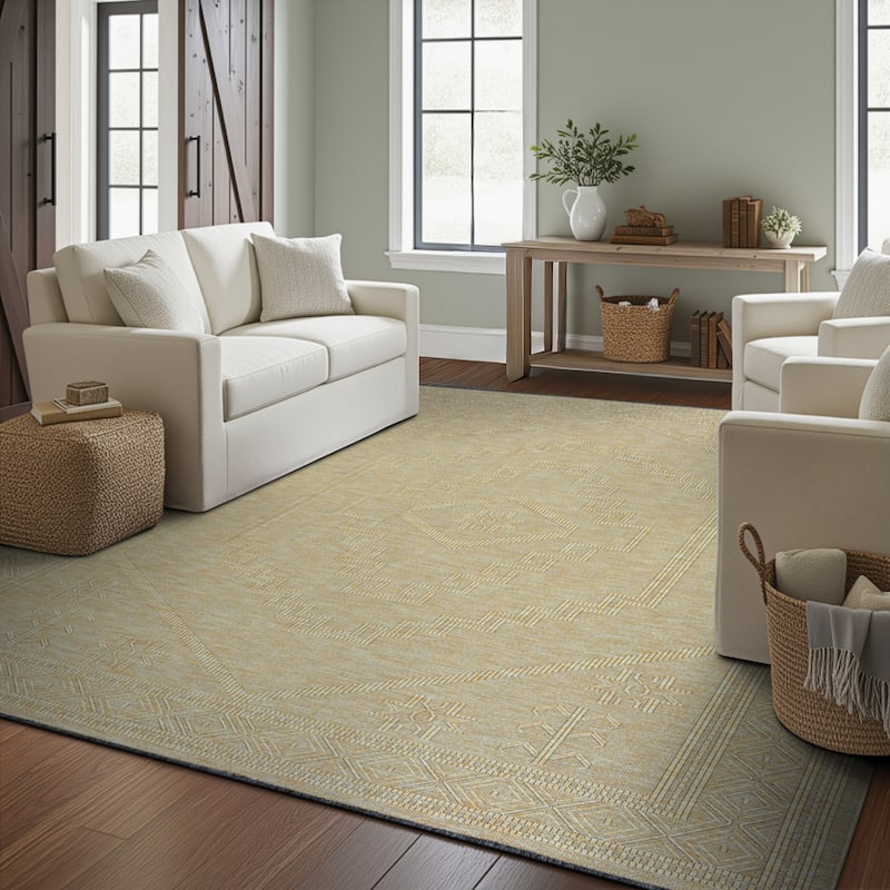 Alameda Solid Color Medallion Machine Washable Indoor Area Rug