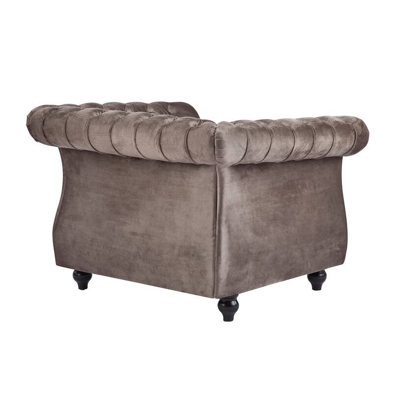 Roomfitters Tufted Club Chair with Deep Button Upholstery, Rolled Arm Design and Metal Stud Trim, Light Brown
