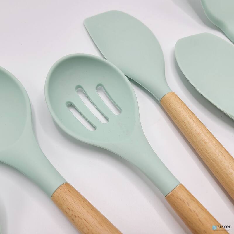 Elyon 9 Piece Colored Silicone with Wood Handles Kitchen Utensils Set - 9 Piece