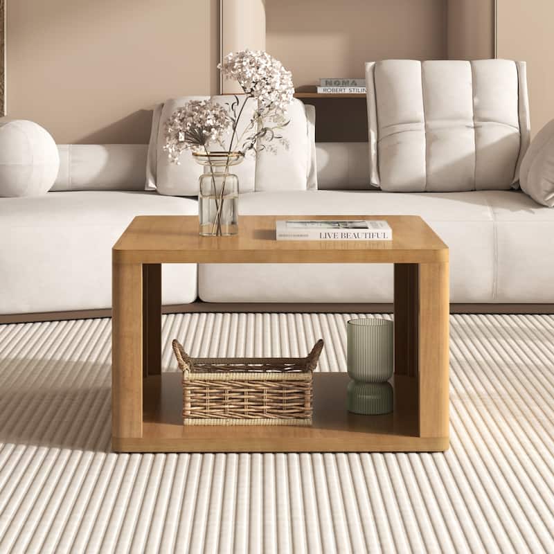 Square Coffee Table in Farmhouse Coffee Table with Storage,2-Tier Center Table with Half Open Storage Compartment in 30.8"
