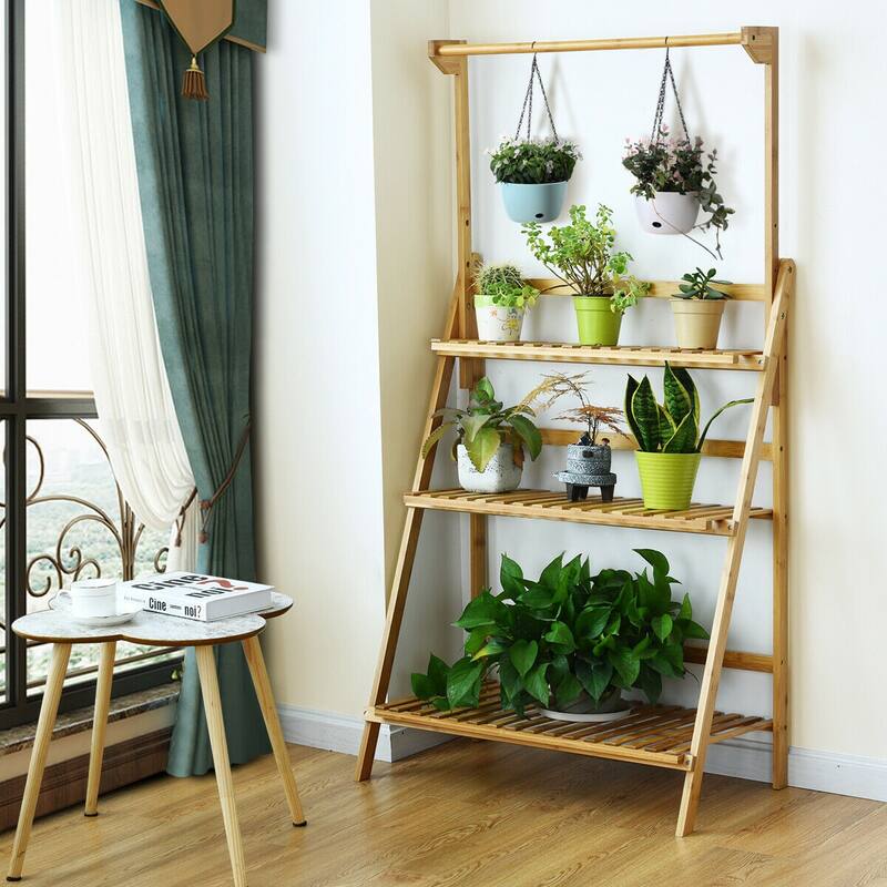 Costway 3 Tier Bamboo Hanging Folding Plant Shelf Stand Flower Pot - 27.5''x16''x47.5''-56.5''(LxWxH)