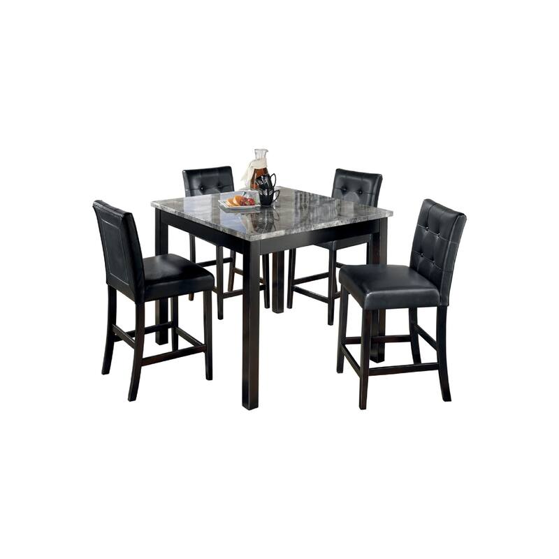 Jey 5pc Counter Height Dining Set, Faux Marble Table, Black Tufted Chairs