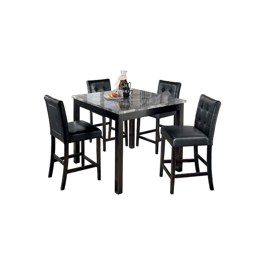 Jey 5pc Counter Height Dining Set, Faux Marble Table, Black Tufted Chairs